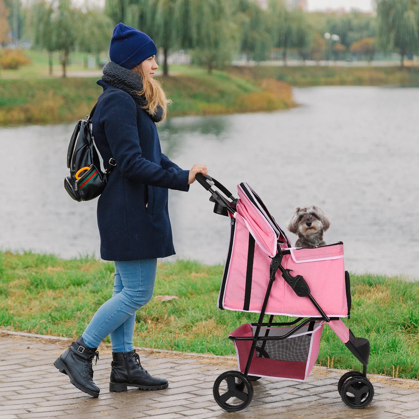 Wedyvko 3 Wheel Foldable Pet Stroller With Storage Basket