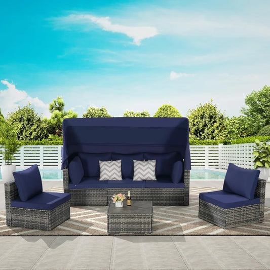 MKDK Patio Daybed Set With Table And Retractable Canopy Rattan Furniture